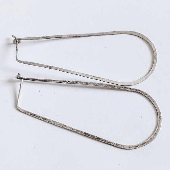 🤍 Vintage Artisan Solid 925 Sterling Silver Oblong Hoop Earrings Handmade - Picture 2 of 5